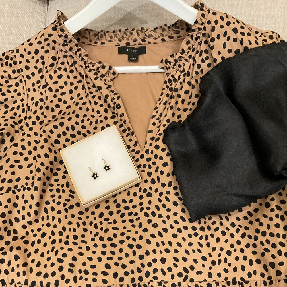 J.Crew - Cheetah Print Tiered Ruffle Cotton Dress+Black Wrap and Earrings